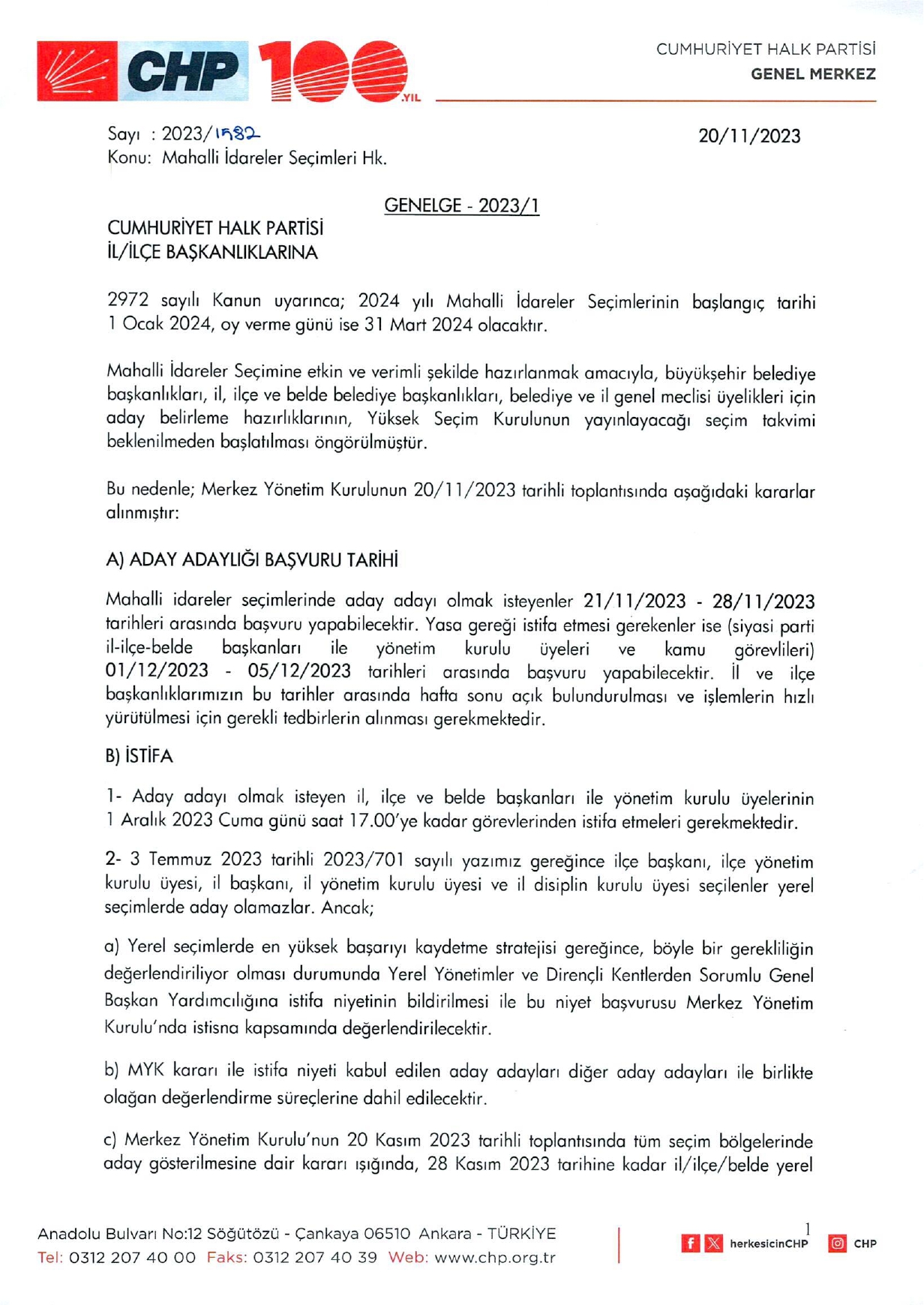 CHP YEREL SEÇİM ADAYLIK GENELGESİ...