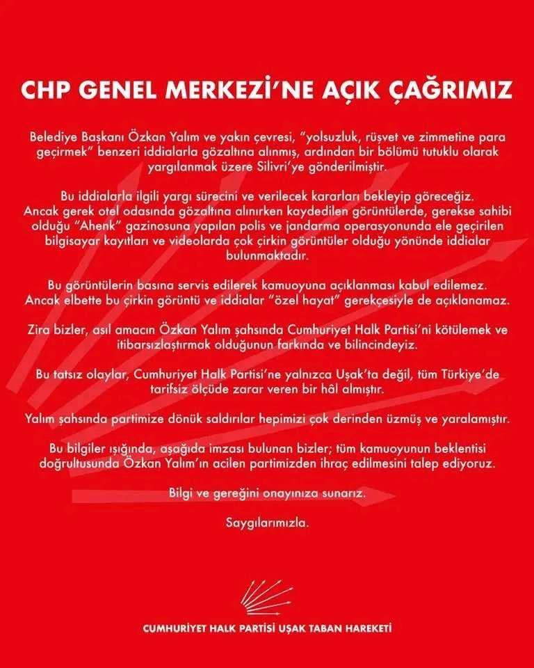 UŞAKLI CHP ÜYELERİNDEN GENEL MERKEZ'E AÇIK ÇAĞRI